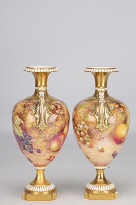 Lot 593 - A PAIR OF 1969 ROYAL WORCESTER PORCELAIN FRUIT-PAINTED CABINET VASES