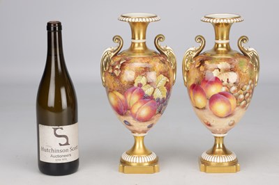 Lot 593 - A PAIR OF 1969 ROYAL WORCESTER PORCELAIN FRUIT-PAINTED CABINET VASES