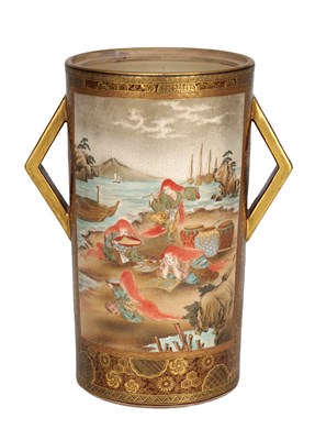Lot 826 - A JAPANESE MEIJI PERIOD SATSUMA CYLINDRICAL TWO HANDLED VASE