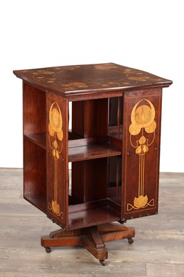 Lot 1613 - AN EDWARDIAN ENGLISH ART NOUVEAU INLAID MAHOGANY REVOLVING BOOKCASE IN THE MANNER OF SHAPLAND AND PETTER