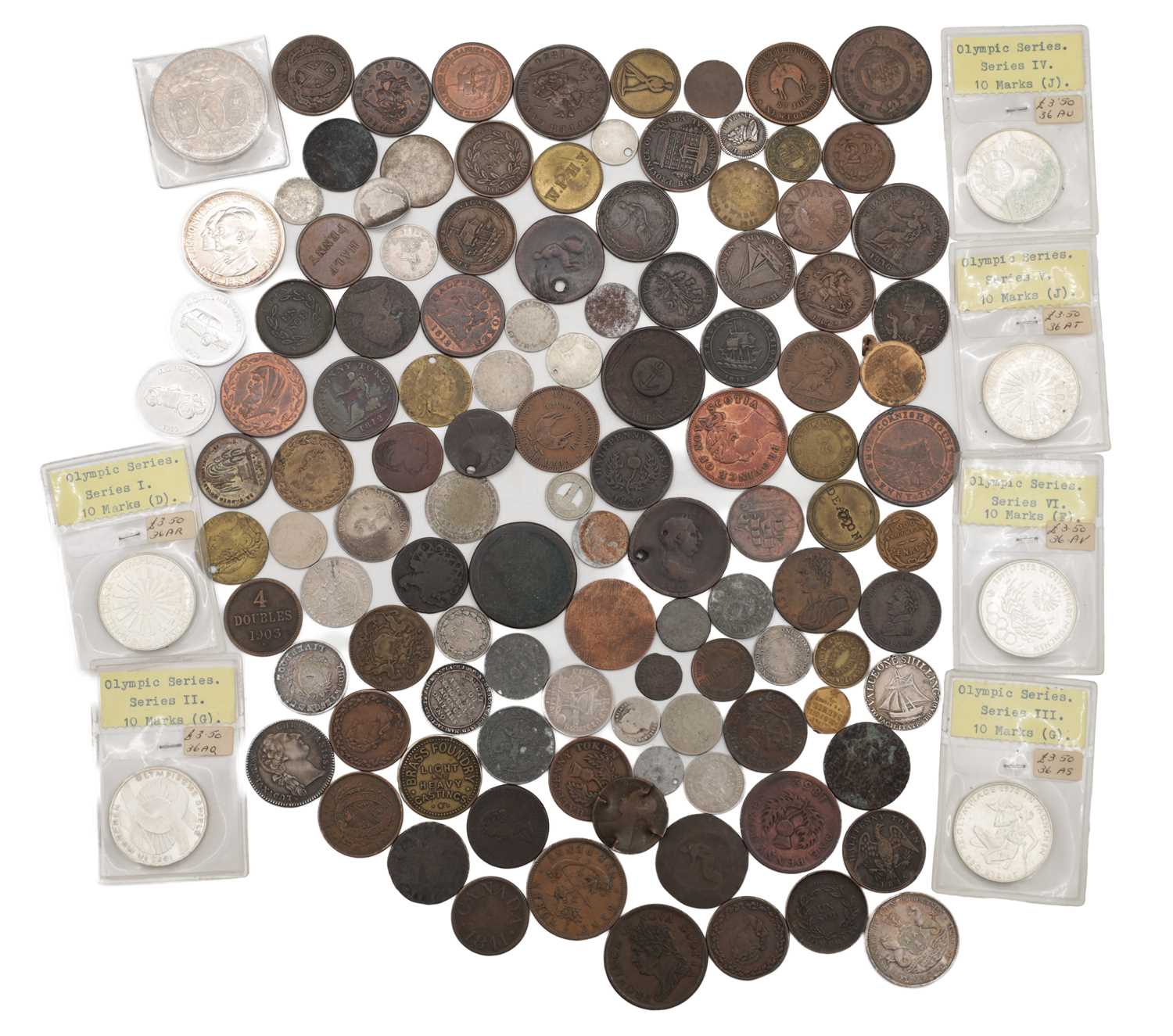 Lot 190 - A COLLECTION OF SILVER AND BASE METAL TOKENS AND COINS