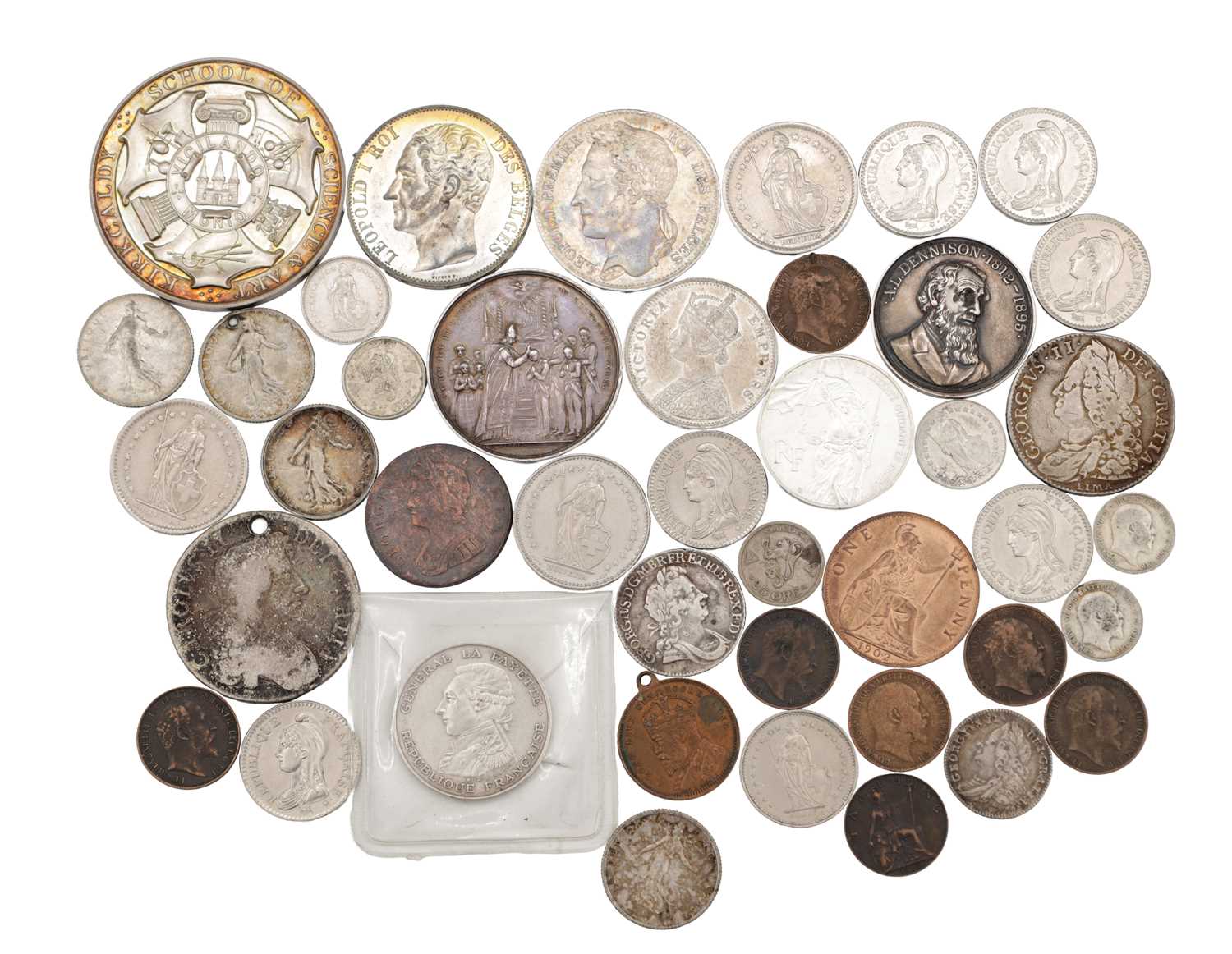 Lot 179 - A COLLECTION OF 19TH AND 20TH CENTURY SILVER AND BASE METAL COINS AND MEDALS