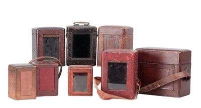 Lot 1359 - A COLLECTION OF EIGHT 19TH CENTURY MOROCCO LEATHER CARRIAGE CLOCK CASES