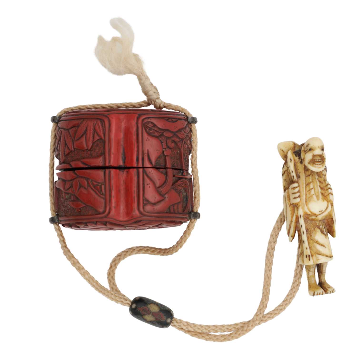 Lot A JAPANESE MEIJI PERIOD CINNABAR LACQUERED INRO