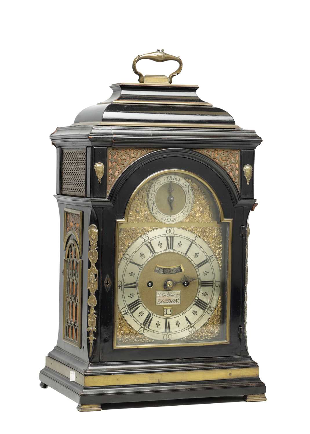 Lot 1335 - JOHN ELLICOTT, LONDON, A MID 18TH CENTURY ORMOLU-MOUNTED EBONISED QUARTER REPEATING BRACKET CLOCK