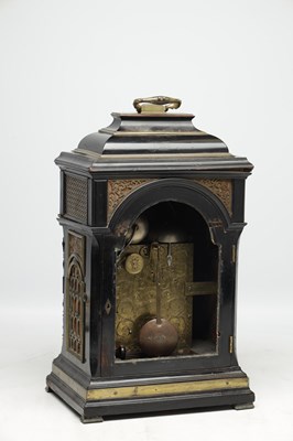 Lot 1335 - JOHN ELLICOTT, LONDON, A MID 18TH CENTURY ORMOLU-MOUNTED EBONISED QUARTER REPEATING BRACKET CLOCK