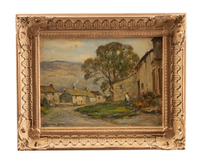 Lot 912 - OWEN BOWEN (BRITISH, 1873-1967) AN EARLY 20TH CENTURY OIL ON BOARD COUNTRY VILLAGE LANDSCAPE