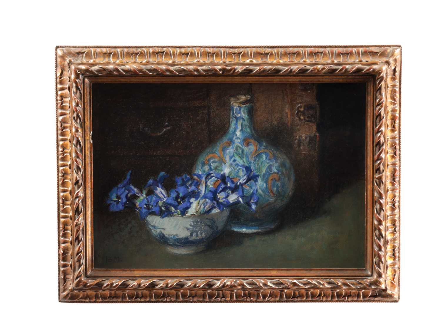 Lot 975 - ADELINE BLANCHE MOORHOUSE (B.1967) A 20TH CENTURY PASTEL STILL LIFE "GENTIAN & MAJOLICA"