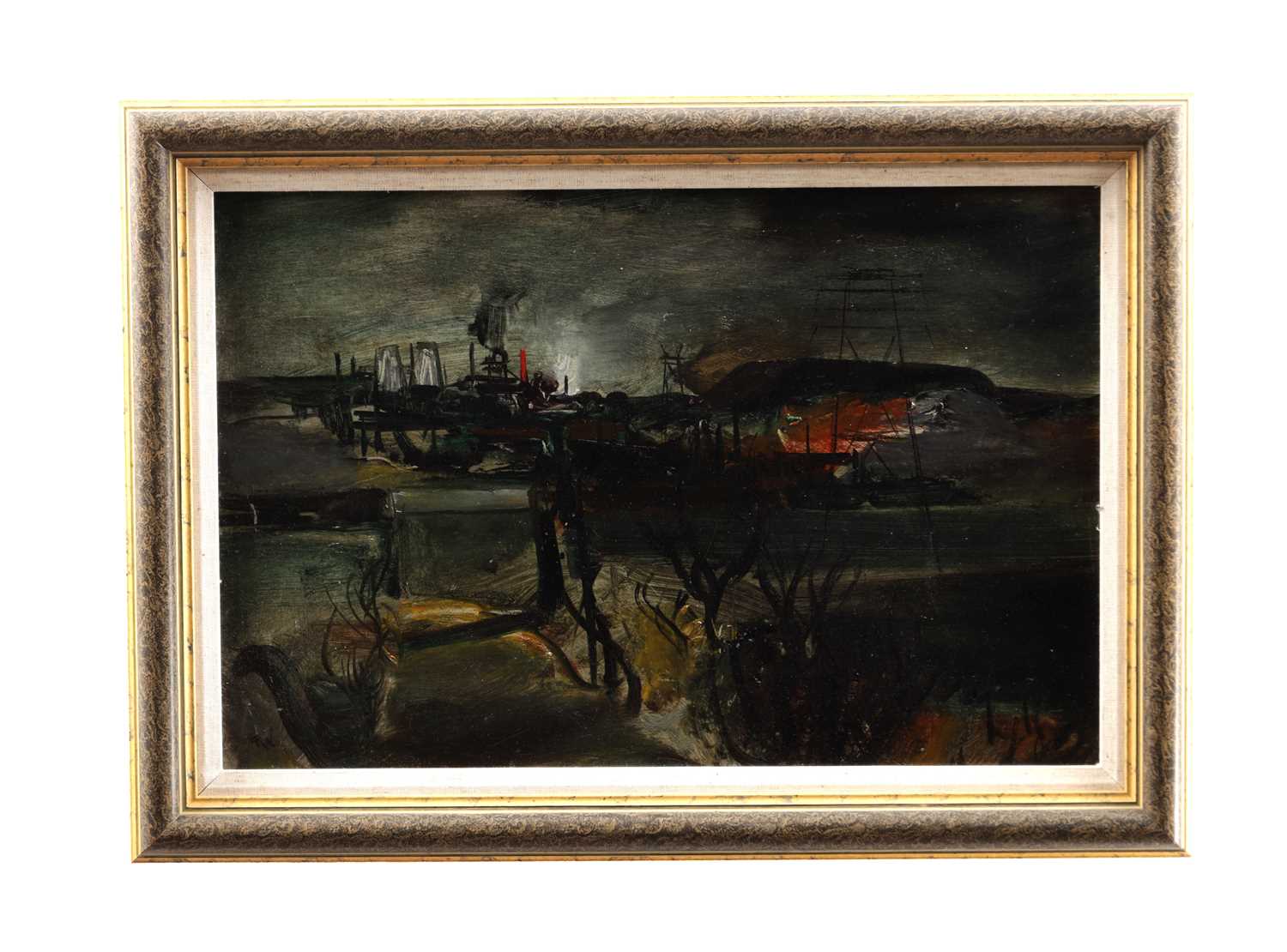 Lot 891 - TOM WHITEHEAD A MODERN OIL ON BOARD INDUSTRIAL LANDSCAPE
