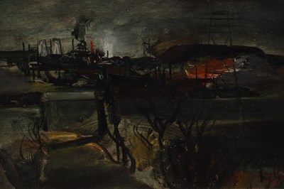 Lot 891 - TOM WHITEHEAD A MODERN OIL ON BOARD INDUSTRIAL LANDSCAPE