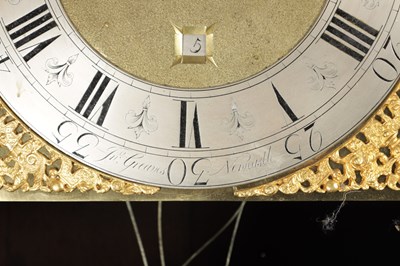 Lot 1324 - JOHN GREAVES, NEWCASTLE. A GEORGE II FIGURED WALNUT TIDAL LONGCASE CLOCK