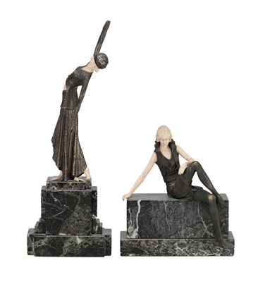 Lot 1006 - TWO 20TH CENTURY ART DECO STYLE BRONZE AND FAUX IVORY FIGURES ON VERDE ANTICO MARBLE BASES