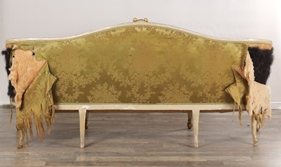 Lot 1584 - A GEORGE III PARCEL GILT AND PAINTED HEPPLEWHITE STYLE THREE SEATER SETTEE