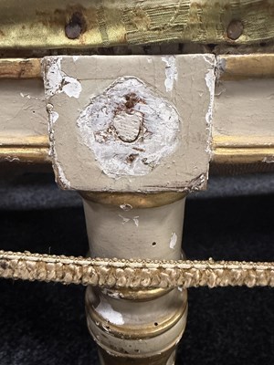 Lot 1584 - A GEORGE III PARCEL GILT AND PAINTED HEPPLEWHITE STYLE THREE SEATER SETTEE