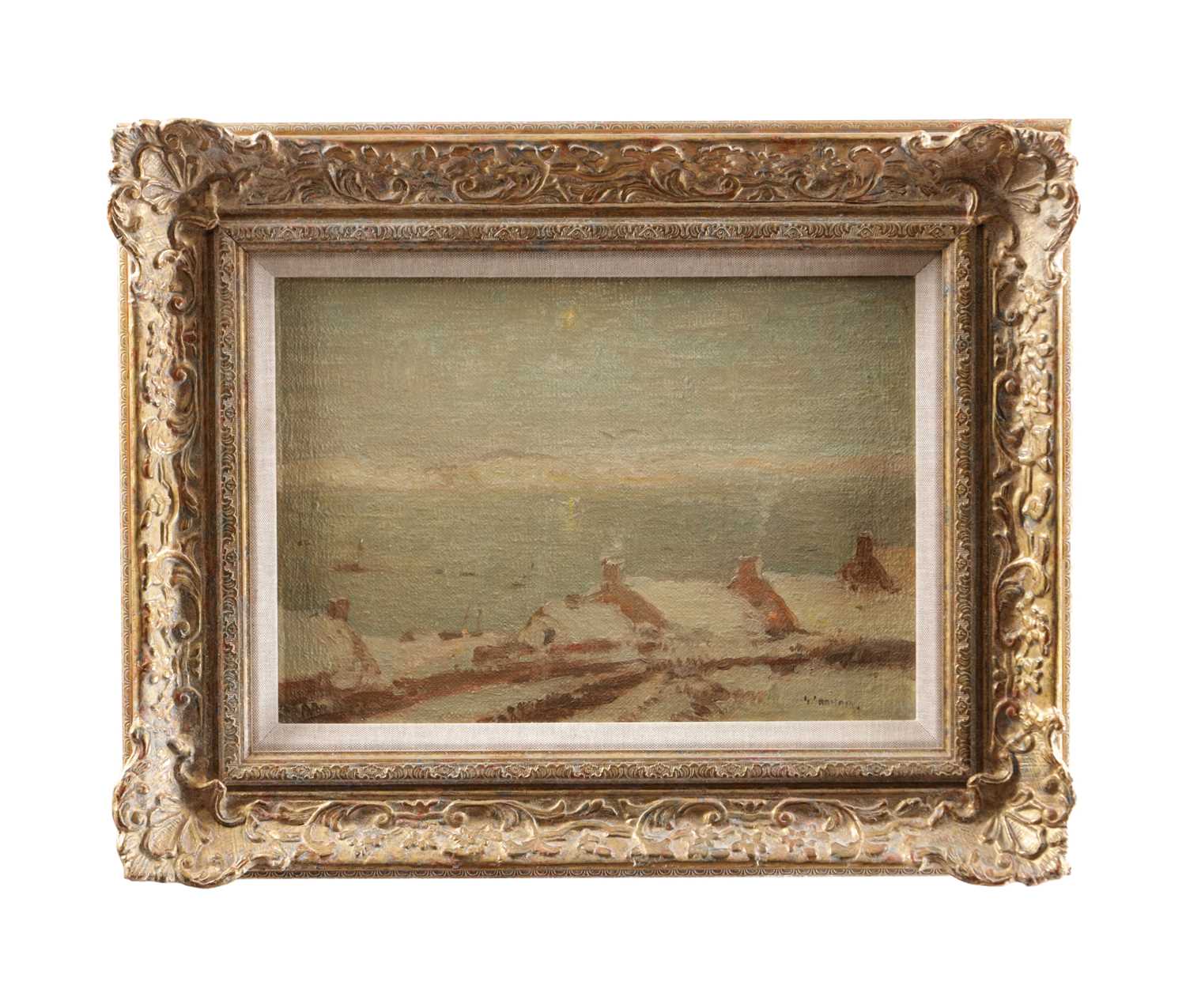 Lot 971 - GEORGE GRAHAM BRITISH, 1881-1949 AN EARLY 20TH CENTURY OIL ON CANVAS SEASCAPE WITH COTTAGES