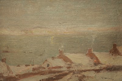 Lot 971 - GEORGE GRAHAM BRITISH, 1881-1949 AN EARLY 20TH CENTURY OIL ON CANVAS SEASCAPE WITH COTTAGES