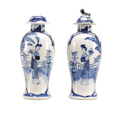 Lot 766 - A PAIR OF CHINESE BLUE AND WHITE PORCELAIN BALUSTER VASES AND COVERS