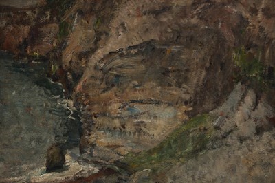 Lot 976 - REGINALD GRANGE BRUNDRIT (BRITISH 1883-1960) AN EARLY 20TH CENTURY OIL ON CANVAS TITLED 'SINISTER COAST'