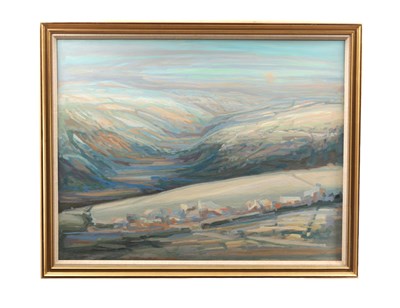 Lot 926 - MARY LORD (B.1931) A LATE 20TH CENTURY OIL ON CANVAS 'NOVEMBER VALLEY SUNRISE'