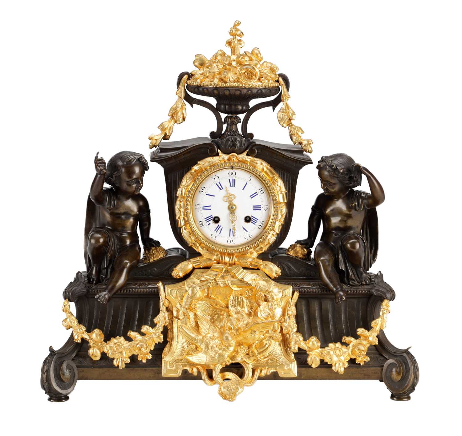 Lot 1339 - GUYENOT, PARIS. A 19TH CENTURY FRENCH PATINATED BRONZE AND ORMOLU FIGURAL MANTEL CLOCK