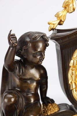 Lot 1339 - GUYENOT, PARIS. A 19TH CENTURY FRENCH PATINATED BRONZE AND ORMOLU FIGURAL MANTEL CLOCK