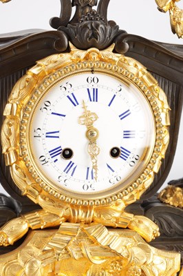 Lot 1339 - GUYENOT, PARIS. A 19TH CENTURY FRENCH PATINATED BRONZE AND ORMOLU FIGURAL MANTEL CLOCK