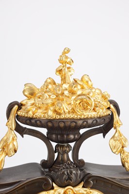 Lot 1339 - GUYENOT, PARIS. A 19TH CENTURY FRENCH PATINATED BRONZE AND ORMOLU FIGURAL MANTEL CLOCK