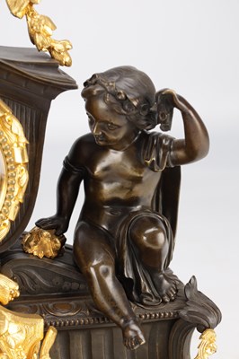 Lot 1339 - GUYENOT, PARIS. A 19TH CENTURY FRENCH PATINATED BRONZE AND ORMOLU FIGURAL MANTEL CLOCK