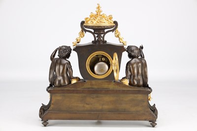 Lot 1339 - GUYENOT, PARIS. A 19TH CENTURY FRENCH PATINATED BRONZE AND ORMOLU FIGURAL MANTEL CLOCK