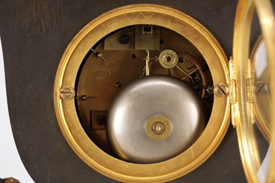 Lot 1339 - GUYENOT, PARIS. A 19TH CENTURY FRENCH PATINATED BRONZE AND ORMOLU FIGURAL MANTEL CLOCK