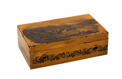 Lot 1464 - A SWISS TOLEWARE MUSIC BOX CASE DEPICTING CHATEAU DE CHILLON