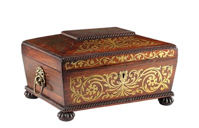 Lot 1412 - A REGENCY ROSEWOOD AND BRASS INLAID SARCOHPHAGUS WORK BOX