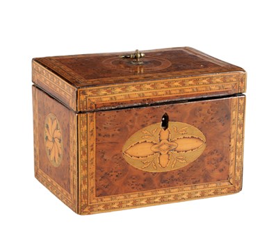 Lot 1408 - A GEORGE III ENGLISH BURR WOOD AND SATINWOOD INLAID TEA CADDY