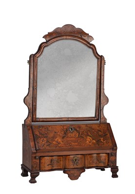 Lot 1372 - AN 18TH CENTURY DUTCH WALNUT AND MARQUETRY TOILET MIRROR WITH FALL-FRONT AND DRAWERS