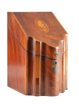 Lot 1393 - A LATE 18TH CENTURY ENGLISH MAHOGANY SERPENTINE FRONT KNIFE BOX