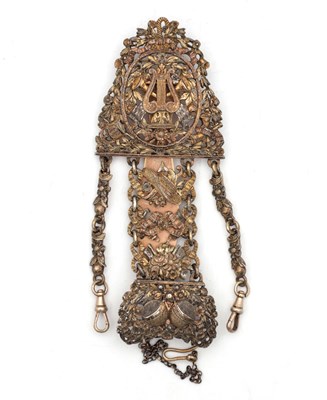 Lot 534 - AN 18TH CENTURY YELLOW METAL WATCH CHATELAINE WITH LYRE MEDALLION AND FLORAL LINKS