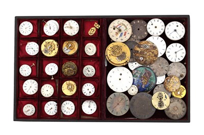 Lot 408 - A COLLECTION OF 18TH AND 19TH CENTURY SWISS AND FRENCH BRASS AND ENAMEL POCKET WATCH MOVEMENTS AND DIALS