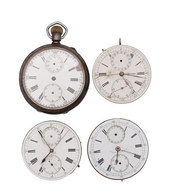 Lot 438 - A SWISS CHRONOGRAPH POCKET WATCH AND THREE CHRONOGRAPH MOVEMENTS