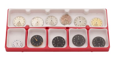Lot 475 - A COLLECTION OF IWC OMEGA AND JAEGER-LECOULTRE WATCH DIALS WITH A JAEGER-LECOULTRE MOVEMENT