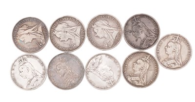 Lot 232 - A COLLECTION OF NINE QUEEN VICTORIA SILVER CROWN COINS