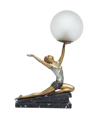 Lot 1014 - AN ART DECO COLD-PAINTED SPELTER FIGURAL LAMP WITH FROSTED GLASS GLOBE SHADE