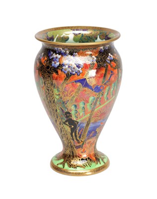 Lot 691 - AN EARLY 20TH CENTURY WEDGWOOD FAIRYLAND LUSTRE VASE IN THE IMPS ON A BRIDGE PATTERN Z5481