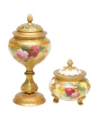 Lot 694 - TWO ROYAL WORCESTER POT POURRI JARS AND COVERS PAINTED WITH ROSES