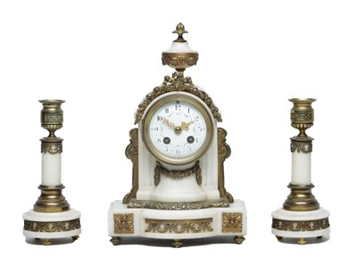 Lot 1274 - A LATE 19TH CENTURY FRENCH WHITE MARBLE AND ORMOLU MANTEL CLOCK GARNITURE