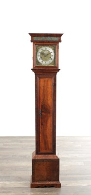 Lot 1360 - A 19TH CENTURY FIGURED WALNUT MINIATURE LONGCASE CLOCK