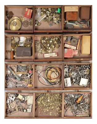 Lot 1342 - A LARGE COLLECTION OF WATCH AND CLOCKMAKERS' ITEMS IN A CHEST OF DRAWERS
