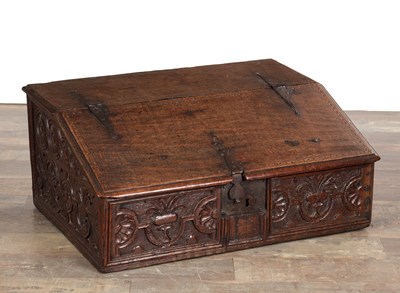 Lot 1628 - A 17TH CENTURY CARVED OAK BIBLE BOX