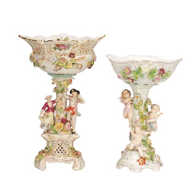 Lot 642 - TWO LATE 19TH CENTURY CONTINENTAL PORCELAIN FIGURAL CENTRE PIECES