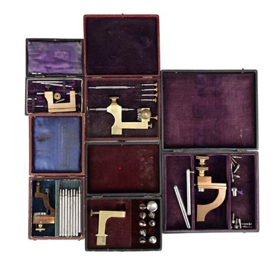 Lot 1340 - A COLLECTION OF FIVE CASED WATCHMAKERS' PIVOTING TOOLS