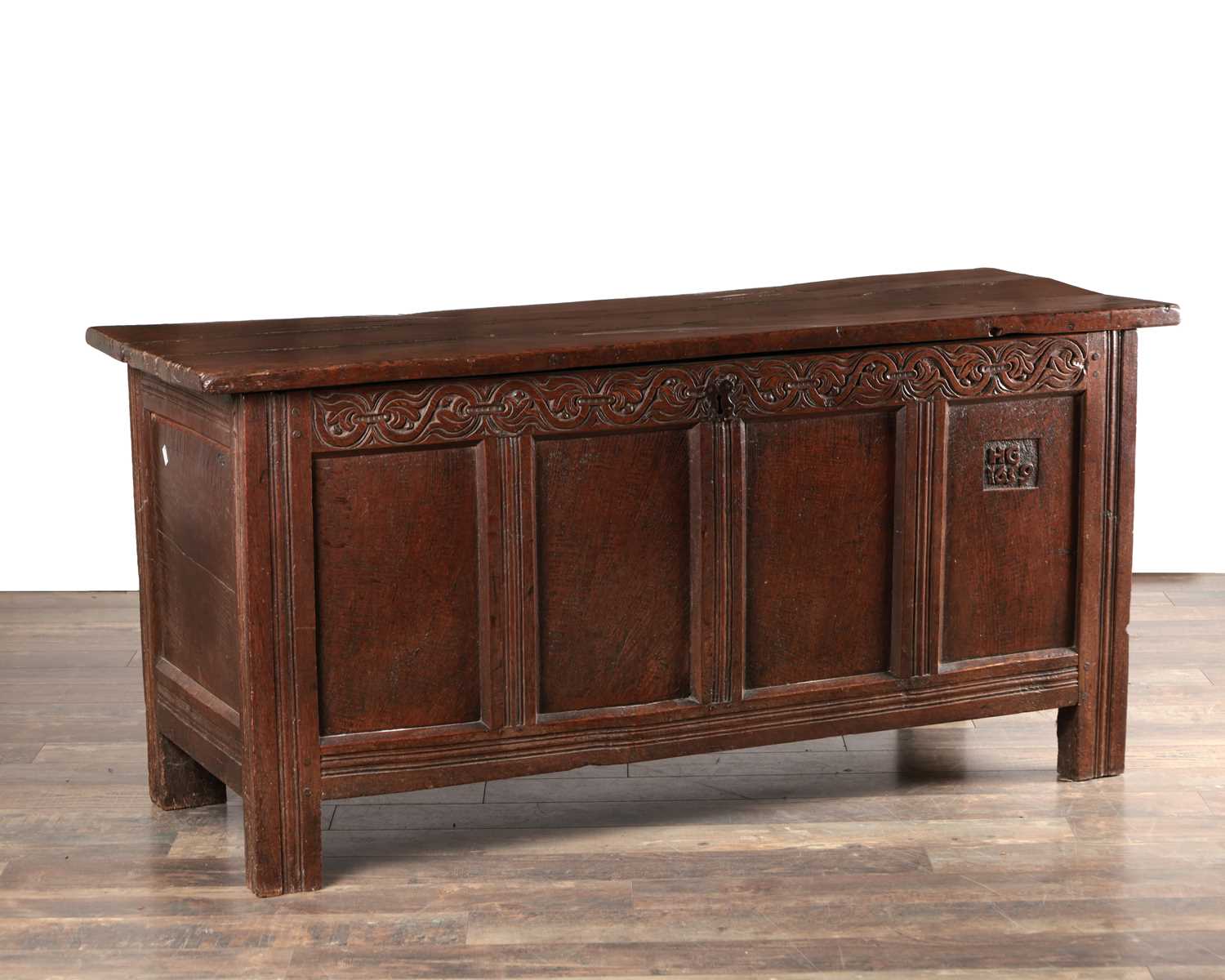 Lot 1563 - A 17TH CENTURY ENGLISH OAK COFFER INITIALLED HG AND DATED 1659